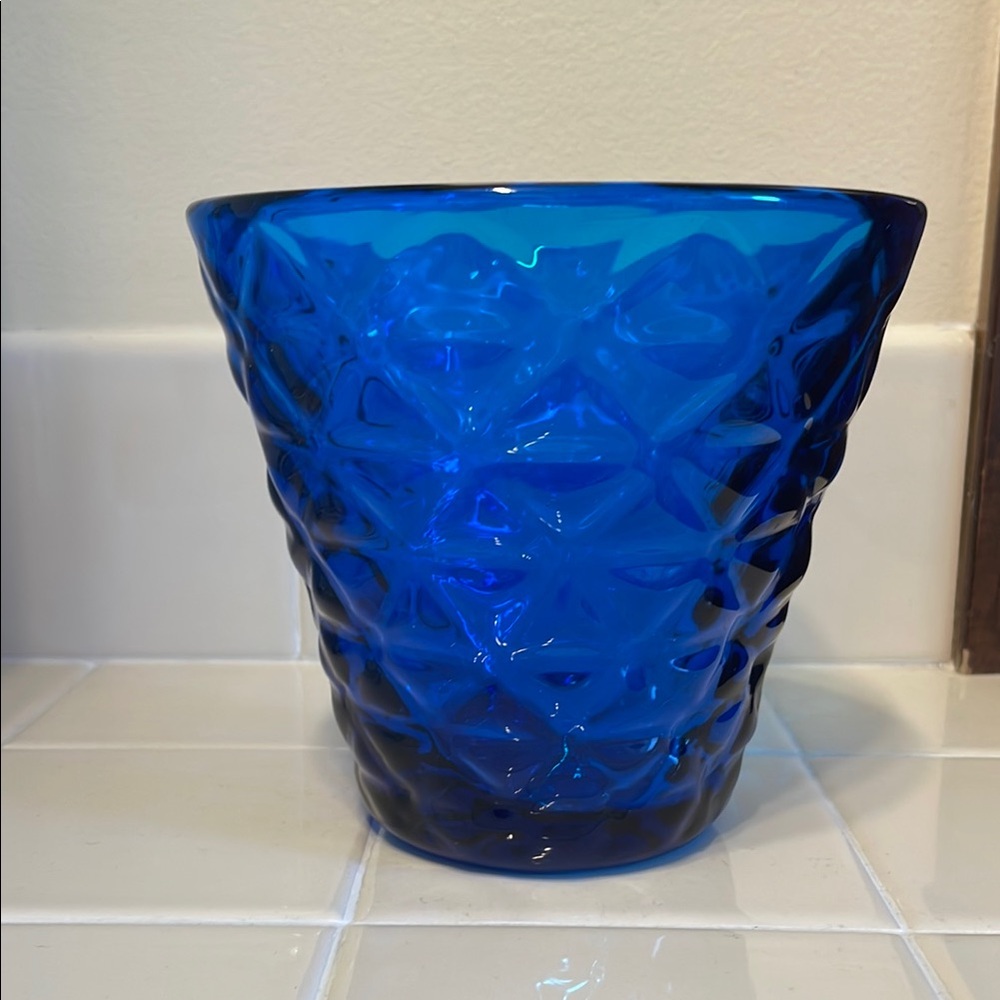 Blenko Mid 20th Century Art Glass Vase Vibrant Blue TriangleTextured Design